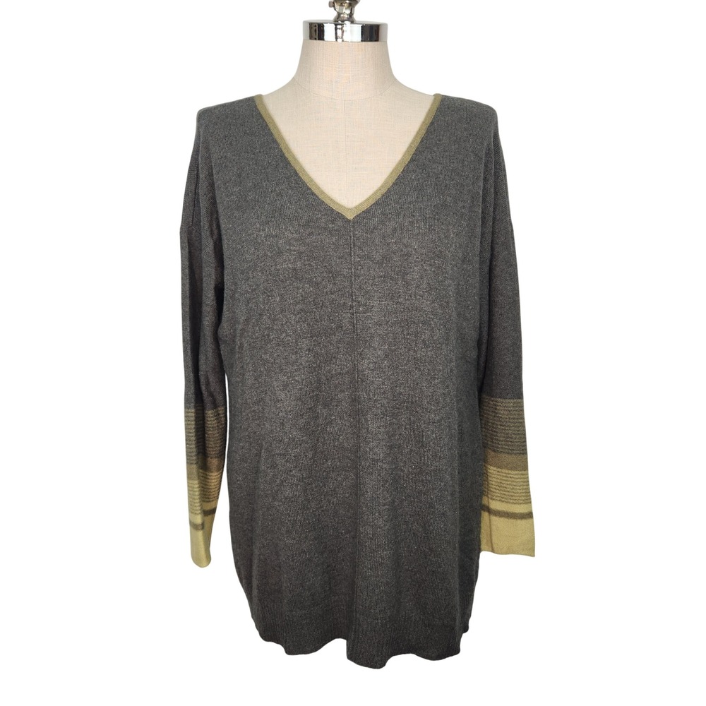 Cullen Womens 100% Cashmere V-Neck Sweater Green Striped Cuff Tunic Medium